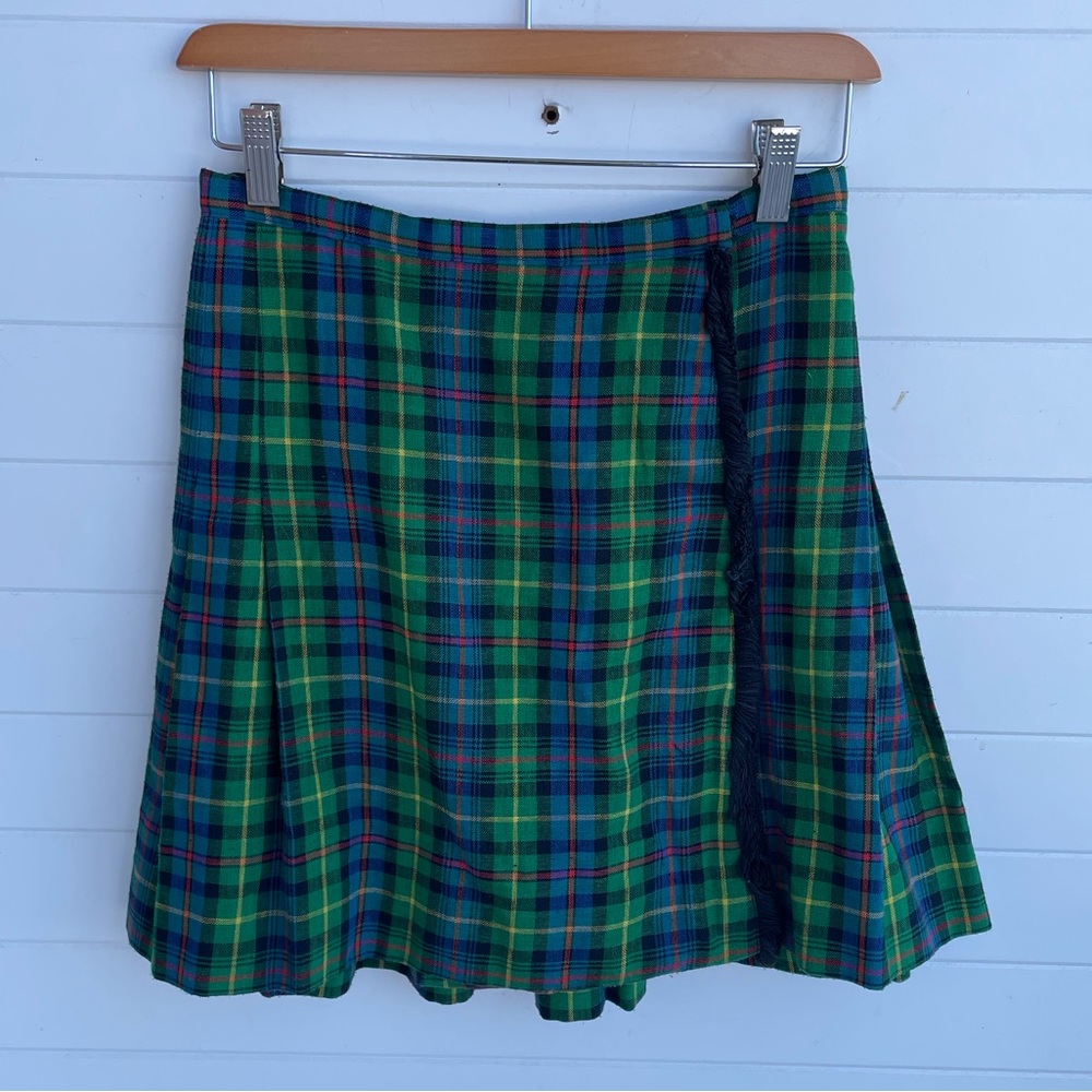 Vintage 1970s 70s Plaid Kilt Mini Skirt Fringe Pleated Colorful Handmade